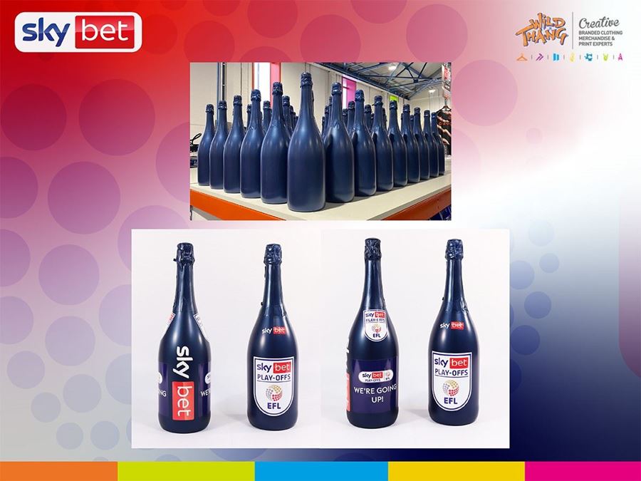 WILD THANG PROUD TO BRAND SKYBET'S FOOTBALL PROMOTION BESPOKE MAGNUM CHAMPAGNE BOTTLES
